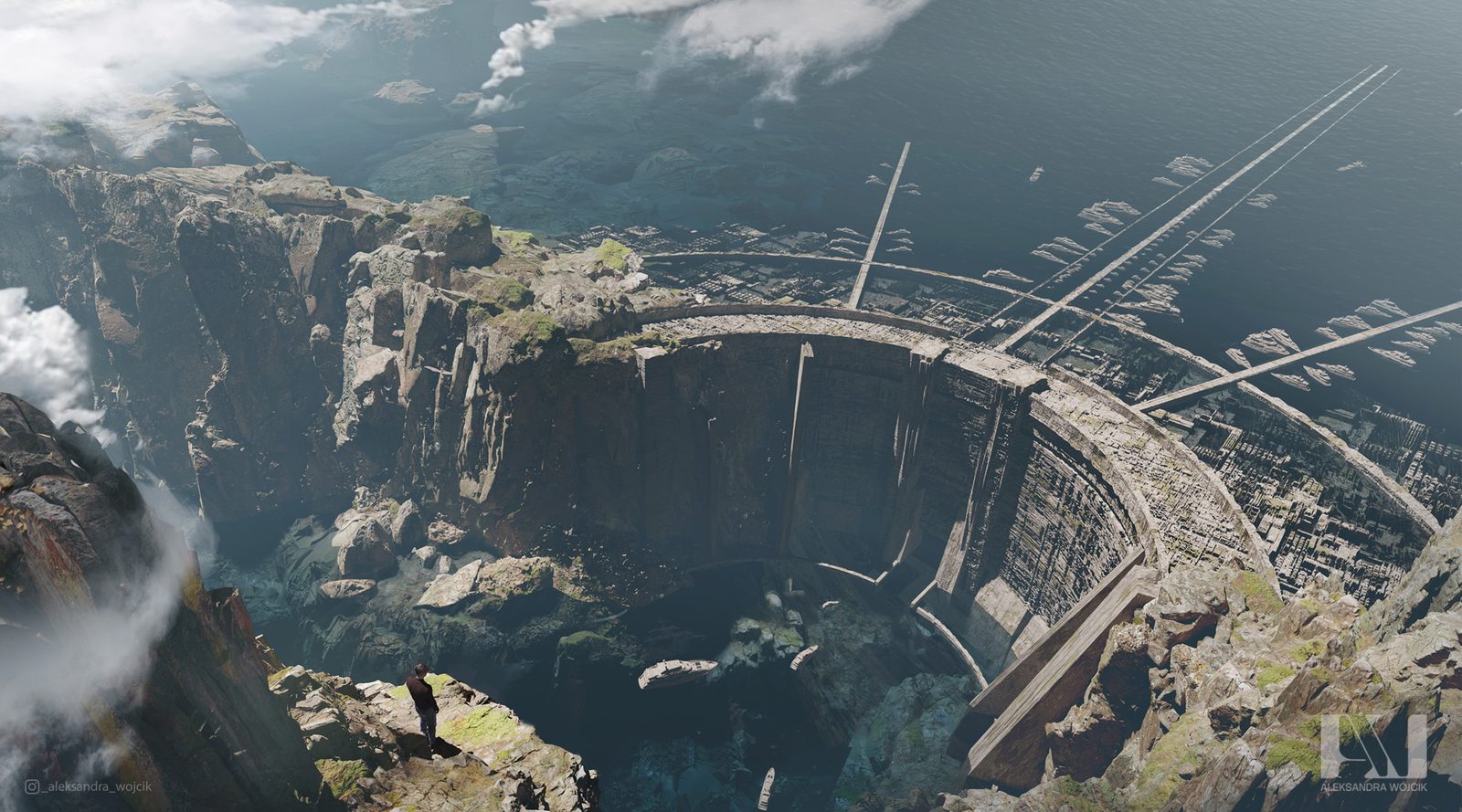 Dam harbor — environment concept art by Aleksandra Wojcik
