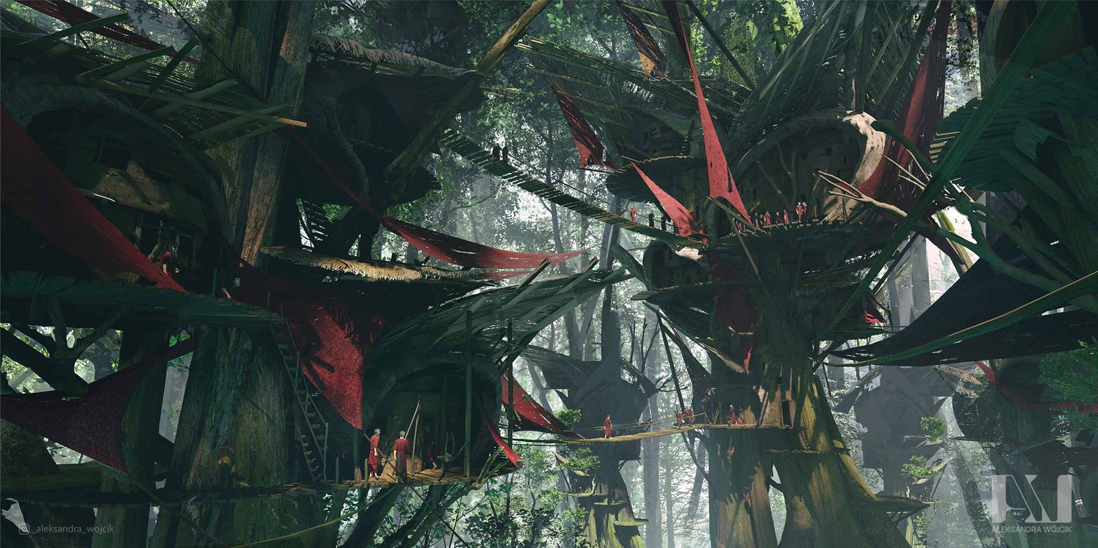 Treehouses — environment concept art by Aleksandra Wojcik